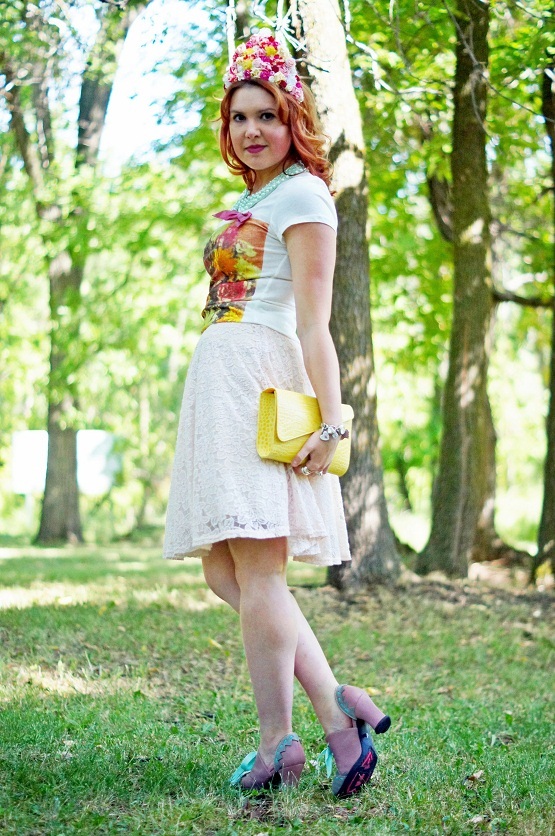 Winnipeg Fashion Blog, Canadian Fashion Blog, Canada, Icing flower tiara crown, Lois Original Brand flower print tee t shirt, Forever 21 peach lace circle skirt, Danier leather yellow clutch, Forever 21 flower stretch bangle, H&M mint green pearl collar, Fossil heart charm bracelet watch, Fluevog one of a kind sample sale rose pink grey and mint Hi choice shoes, Flower princess